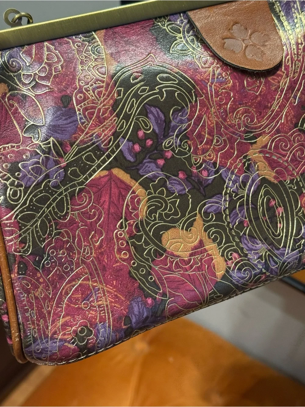 Patricia Nash Burgundy Multicolor Paisley Leather Clutch with Chain